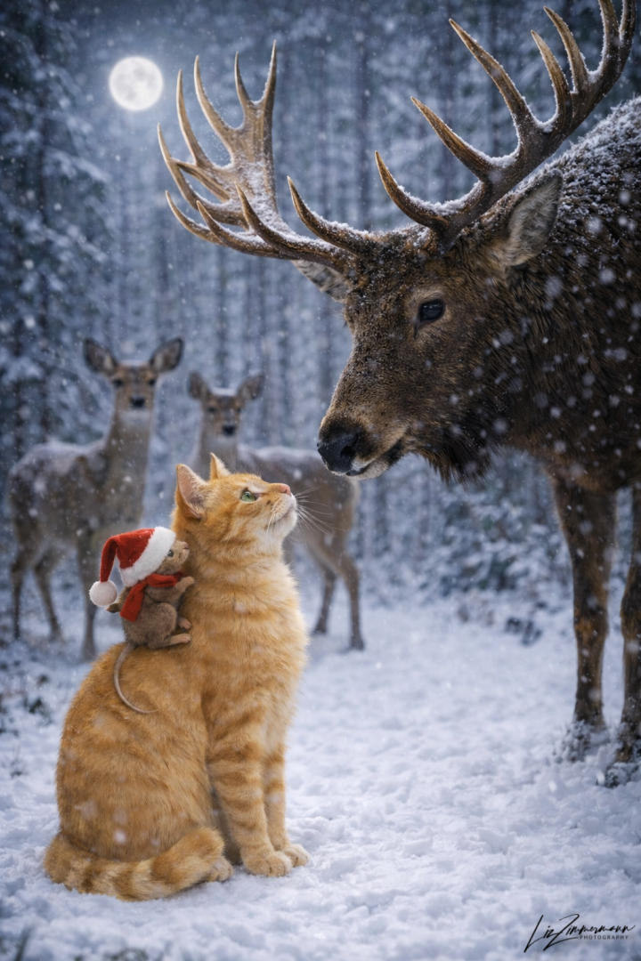 Hirsch,kater,maus_im_winterwald