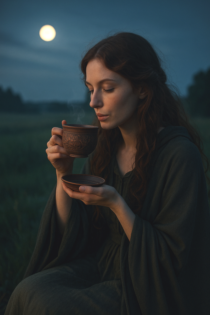 frau im Mondlicht mit tasse in der hand